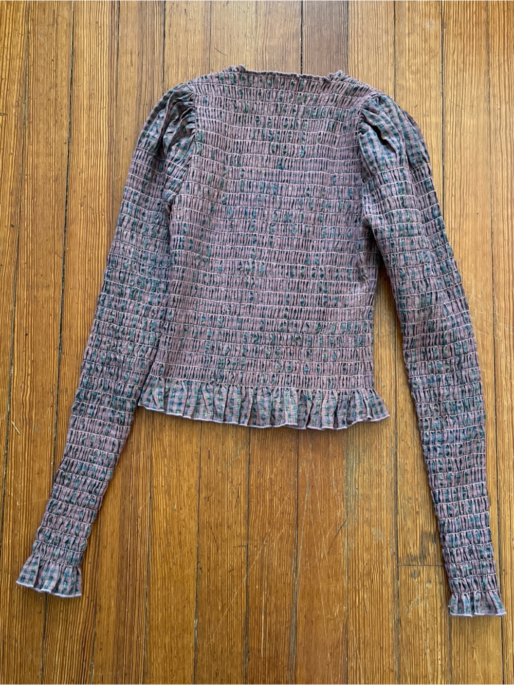 Après Studio Blossom Gingham Long Sleeve Top Smocked Plaid Neutral Multicolor - Picture 13 of 13